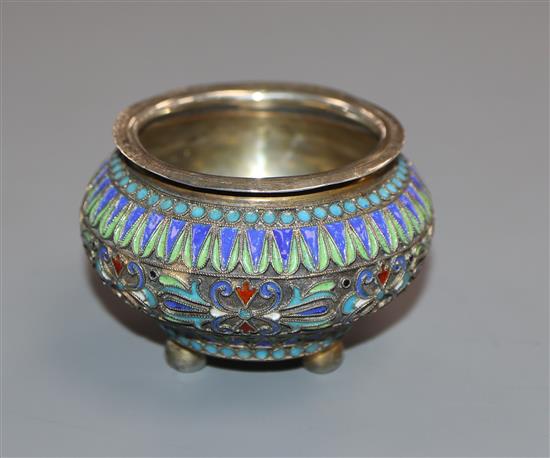 A late 19th century Russian 88 zolotnik and cloisonne enamel salt, assay master, B.C, 1887?, diameter 54mm,